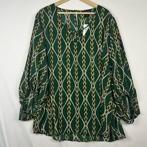 Ashley Stewart Blouse 22/24W Green Chain Buckle Print Career Long Sleeve Thin